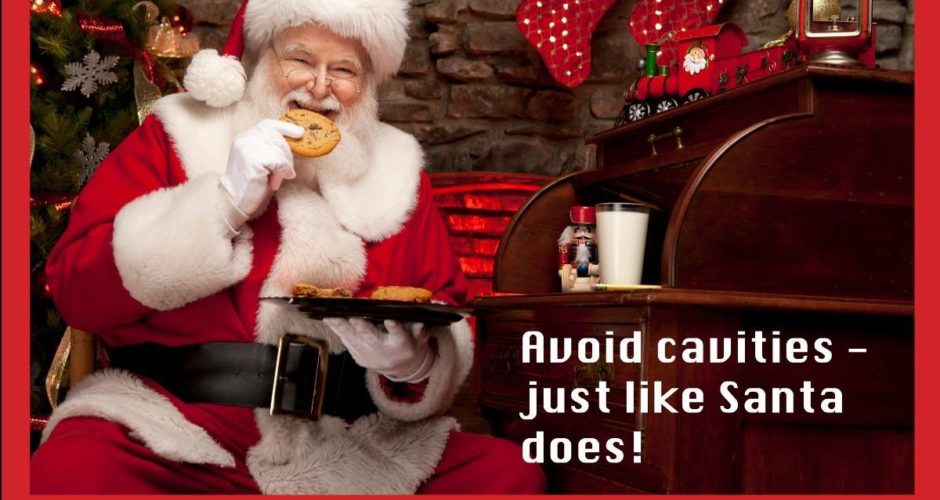 Santa Claus eating cookies next to Christmas tree, protect your teeth this season