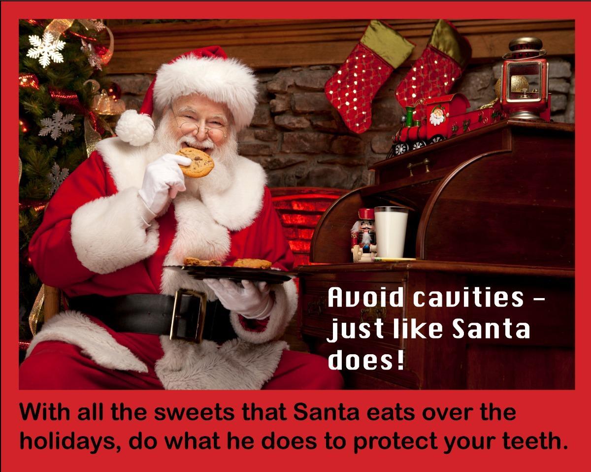 Santa Claus eating cookies next to Christmas tree, protect your teeth this season